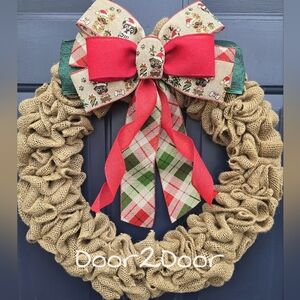 Festive Burlap Wreath with Red and Green Plaid Bow